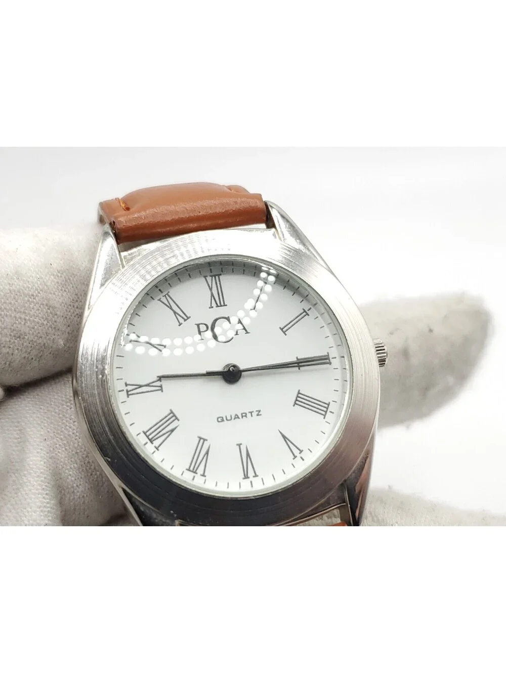 PCA Wristwatch Brown Leather Band Analog Quartz Wrist Watch New Battery 34mm